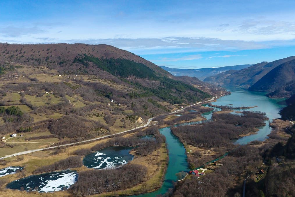An aerial photograph shows the village of Jezero, Bosnia, Tuesday, February 16, 2021. (AP)