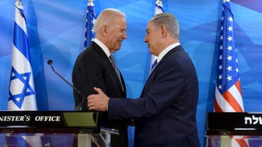 FILE PHOTO: U.S. Vice President Joe Biden (L) shakes hands with Israeli Prime Minister Benjamin Netanyahu as they deliver joint statements during their meeting in Jerusalem March 9, 2016. REUTERS/Debbie Hill/Pool/File Photo