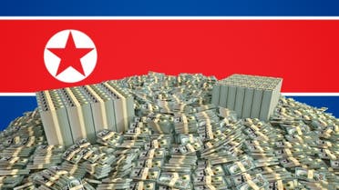 Millions of Dollars in front of the North Korea flag stock photo