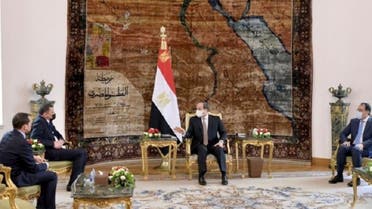 Egypt’s President Abdel Fattah al-Sisi speaks during his meeting with Libyan Prime Minister Abdulhamid Dbeibeh at the Presidential Palace in Cairo, Egypt, on February 18, 2021. (Reuters)