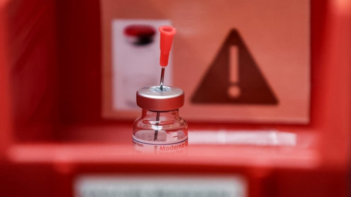 This file photo taken on February 2, 2021 shows a vial of the Moderna Covid-19 vaccine at the first Covid-19 vaccination center in Belgium. (AFP)