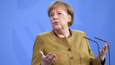 German Chancellor Angela Merkel holds a news conference following a virtual summit with G7 leaders at the Chancellery in Berlin, Germany, on February 19, 2021. (Reuters)