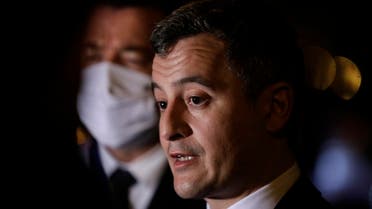 French Interior Minister Gerald Darmanin speaks to media during a visit at the police station in Poissy, west of Paris on February 15, 2021. (AFP)