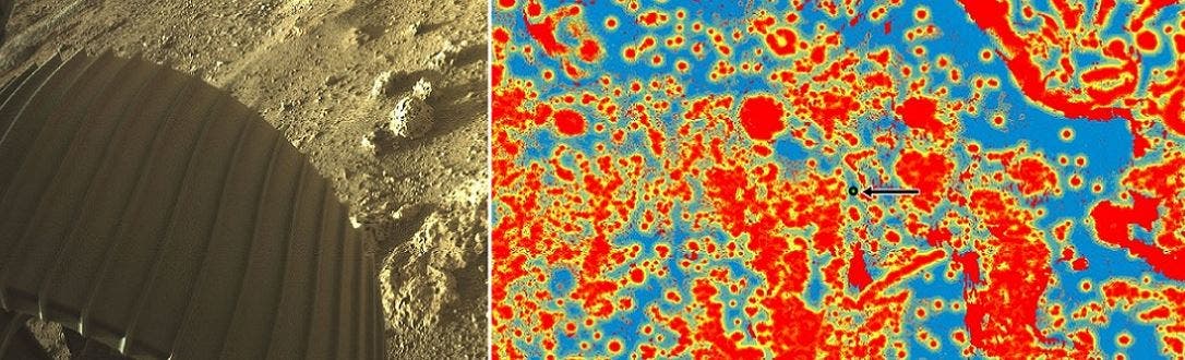 The image on the right is a radar, where the areas not suitable for landing in the crater are rocks in red, while the blue is valid, and in a circle of 31 square meters, prepared in advance. the vehicle landed.  As for the second photo, the vehicle sends it to one of its wheels
