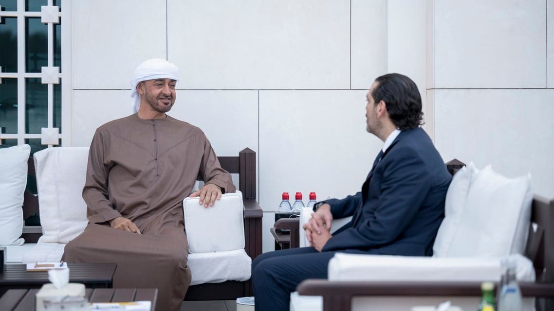 Sheikh Mohamed bin Zayed Al Nahyan, Crown Prince of Abu Dhabi and Deputy Supreme Commander of the UAE Armed Forces, (L) received Lebanese Prime Minister-designate Saad Al Hariri (R) at Qasr Al Shati' Palace in Abu Dhabi, UAE, February 19, 2021. (WAM)