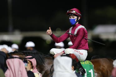 Jockey David Egan celebrates winning the Saudi Cup riding Mishriff. (Reuters)