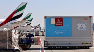 An Emirates Airlines Boing 777 plane unload a coronavirus vaccine shipment at Dubai International Airport on February 1, 2021. (File photo: AFP)