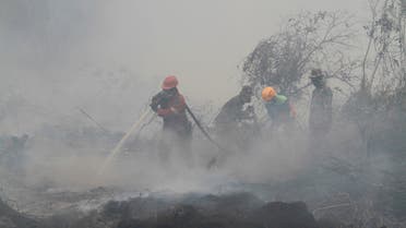 Firefighters spray water to extinguish a forest fire in Kampar, Riau province, Indonesia, Monday, Sept. 23, 2019. (AP)