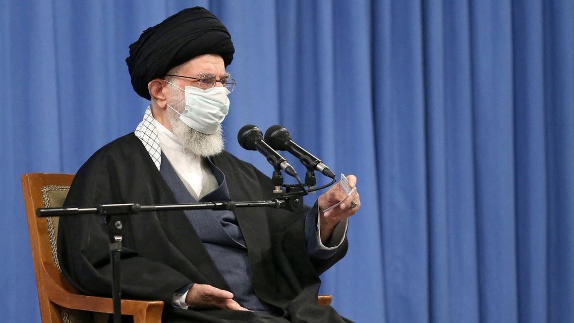 Iran's Supreme Leader Ayatollah Ali Khamenei meets with members of the Iranian Assembly of Experts in Tehran, Feb. 21, 2021. (AFP)