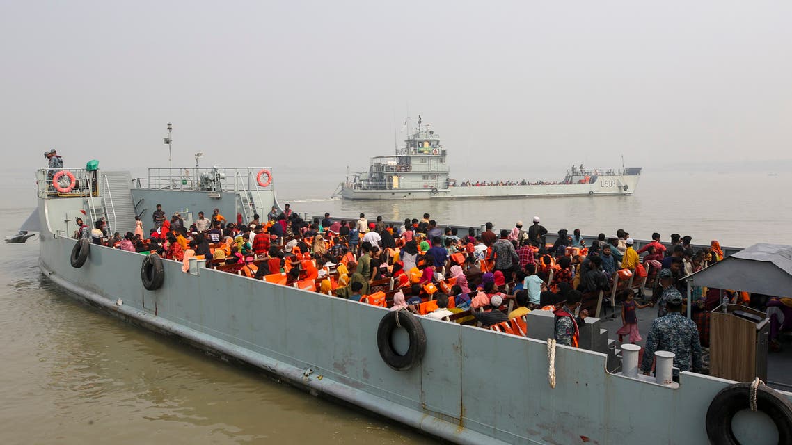Rohingya refugees headed to the Bhasan Char island leave on navy vessels from the south eastern port city of Chattogram, Bangladesh, Monday, Feb.15,2021. (AP)