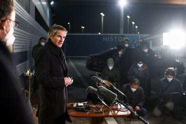 International Atomic Energy Agency (IAEA) Director General Rafael Grossi addresses the media upon his arrival from Tehran, at Vienna International Airport in Schwechat, Austria February 21, 2021. (Reuters)