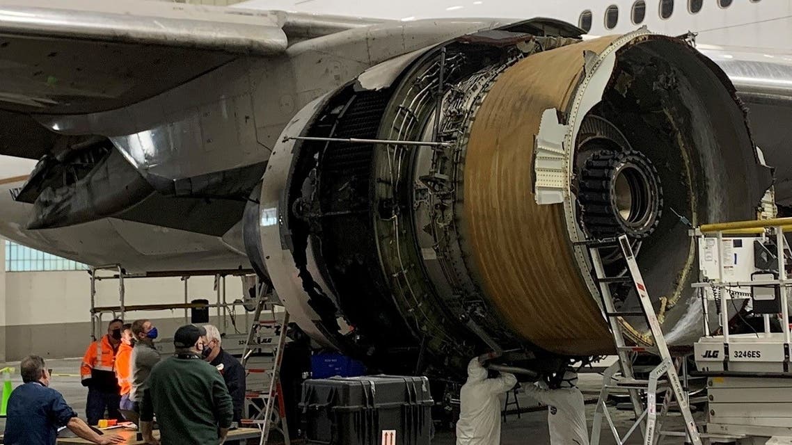 The damaged starboard engine of United Airlines flight 328, a Boeing 777-200, is seen following a February 20 engine failure incident, in a hangar at Denver International Airport in Denver, Colorado, US, on February 22, 2021. (Reuters)T024001Z_1474362271_RC22YL9STFSP_RTRMADP_3_COLORADO-AIRPLANE-DEBRIS