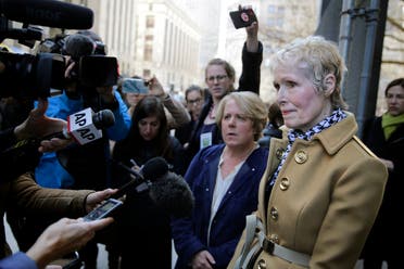 E. Jean Carroll, right, talks to reporters outside a courthouse in New York, Wednesday, March 4, 2020. (AP)