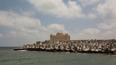 In this Aug. 8, 2019 photo, cement barriers reinforce the sea wall near the citadel in Alexandria, Egypt. (AP)