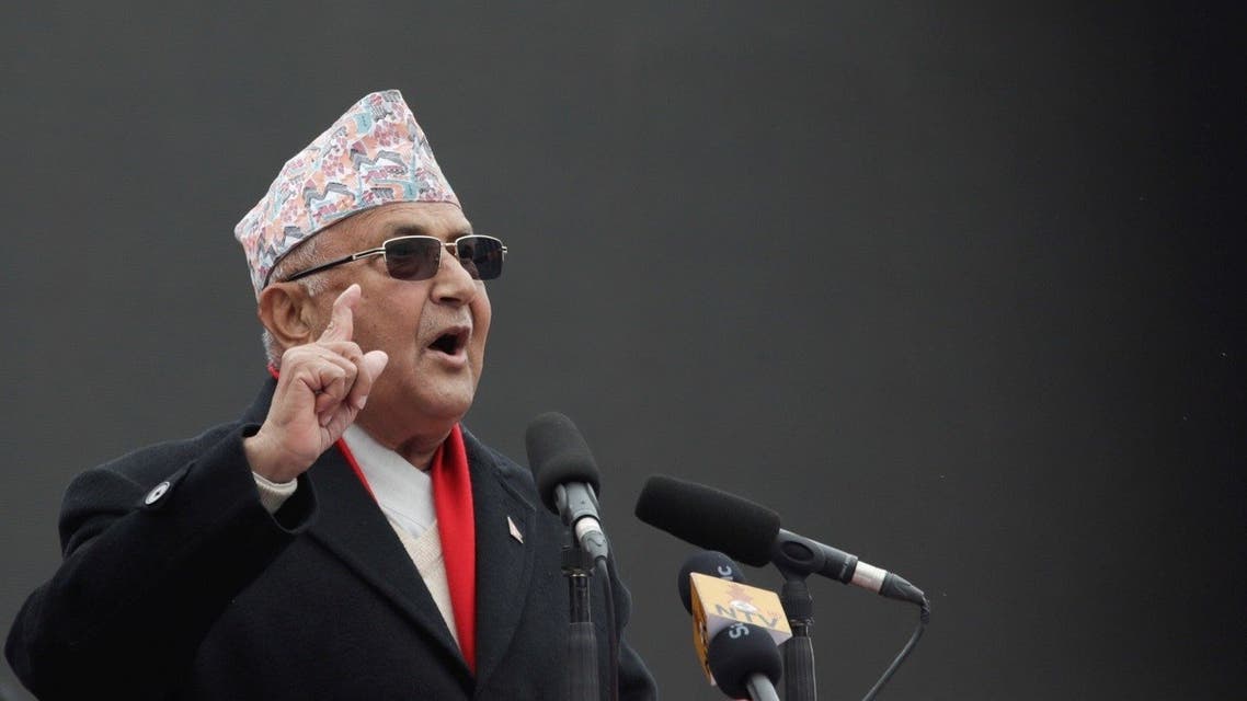 Nepal’s Prime Minister K.P. Oli, delivers a speech during a mass gathering in his support, after the dissolution of parliament, in Kathmandu, Nepal, on February 5, 2021. (Reuters)
