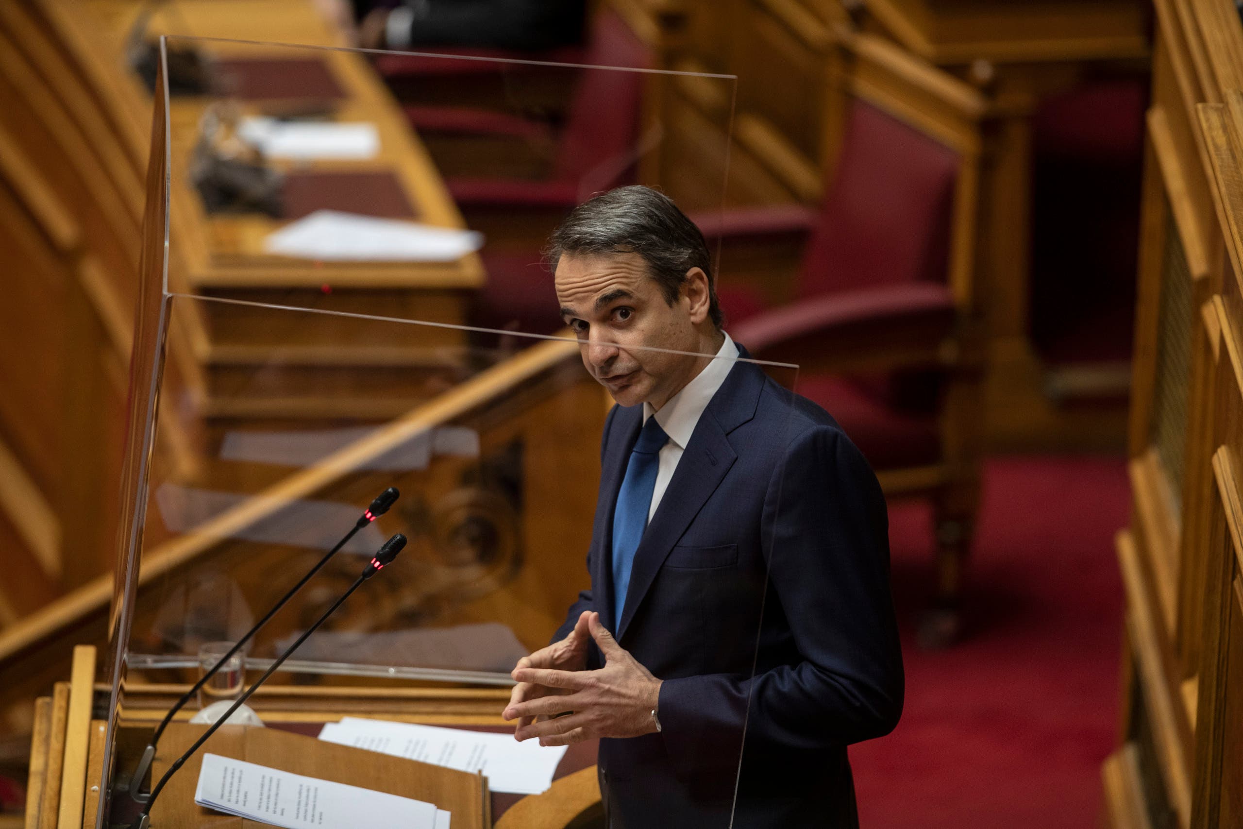 Greek Prime Minister Kyriakos Mitsotakis speaks during a parliamentary session in Athens, Thursday, Feb. 25, 2021. (File photo: AP)