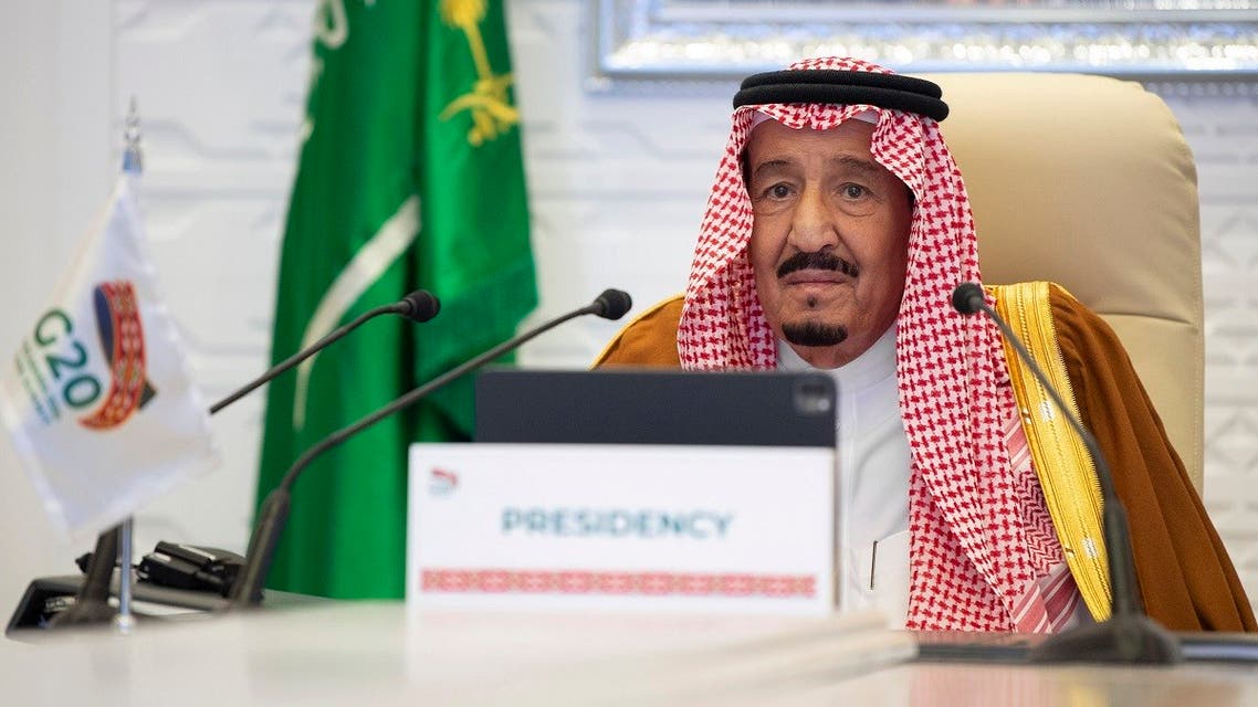 In this handout image provided by Saudi Royal Palace, Saudi Arabia’s King Salman gives his opening remarks at a virtual G20 summit hosted by Saudi Arabia, Nov. 21, 2020. (AP)