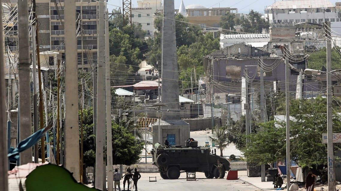 An armored personnel carrier (APC) is seen on a sealed off street during fighting between Somali government forces and opposition troops over delayed elections in Mogadishu, Somalia, on February 19, 2021. (Reuters)