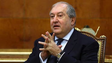 This handout photograph taken and released on November 21, 2020 shows Armenian President Armen Sarkissian speaking with the Russian Foreign Minister (unseen) during their meeting in Yerevan, Armenia. (Russian Foreign Ministry/AFP)