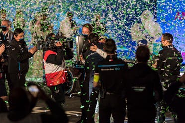 Dutch driver Nyck De Vries celebrates after winning thefirst night race in Saudi Arabia's Diriyah. (SPA)