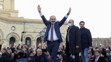 Armenian PM Nikol Pashinyan greets his supporters in Republic Square in Yerevan, Feb. 25, 2021. (Reuters)