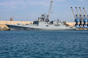 This picture taken on February 28, 2021 shows a view of the Russian Navy frigate RFS Admiral Grigorovich (494), anchored in Port Sudan. (AFP)