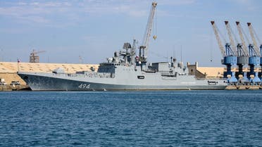 This picture taken on February 28, 2021 shows a view of the Russian Navy frigate RFS Admiral Grigorovich (494), anchored in Port Sudan. (AFP)