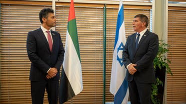 UAE ambassador to Israel Mohamed Al Khaja received by Israeli Foreign Minister Gabi Ashkenazi in Jerusalem. (Twitter/@AmbAlKhaja)