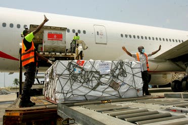 A shipment of COVID-19 vaccines distributed by the COVAX Facility arrives in Abidjan, Ivory Coast, Friday Feb. 25, 2021. (AP)