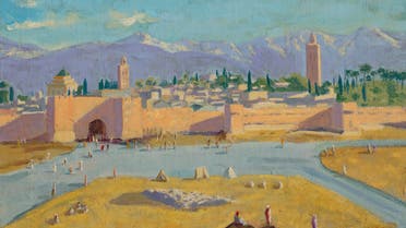 اللوحة التي تجسد صومعة مسجد الكتبية التاريخي في مراكش