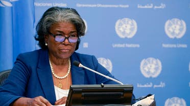 US ambassador to the UN, Linda Thomas-Greenfield, and President of the Security Council speaks during a press conference, in New York March 1, 2021. (AFP)