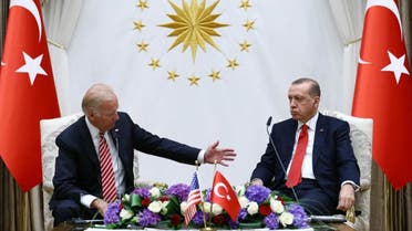 Joe Biden (L) and Turkish President Recep Tayyip Erdogan (R) speaking during a press conference in Ankara. (File photo: AFP)
