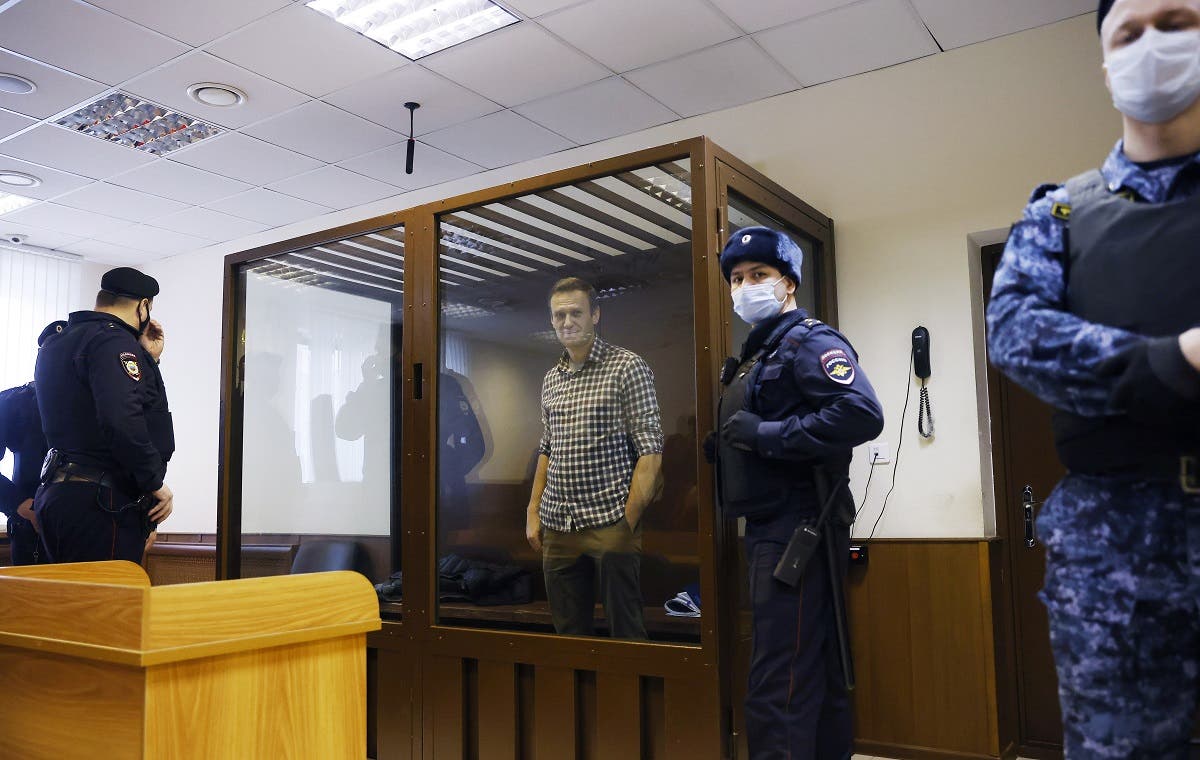 Russian opposition leader Alexei Navalny attends a hearing in Moscow, Russia Feb. 20, 2021. (Reuters)