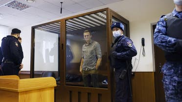 Russian opposition leader Alexei Navalny attends a hearing in Moscow, Russia Feb. 20, 2021. (Reuters)