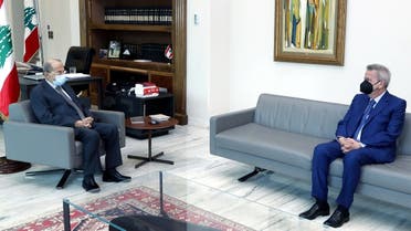 Lebanon's president, Michel Aoun, meets with Central Bank Gov. Riad Salameh, March 3, 2021. (Reuters)