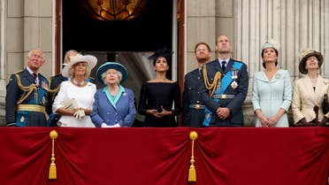 Britain's Prince Charles, Camilla, Duchess of Cornwall, Queen Elizabeth, Meghan, Duchess of Sussex, Prince Harry, Prince William, Catherine, Duchess of Cambridge and Princess Anne stand on the balcony of Buckingham Palace. (Reuters)
