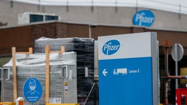 A picture shows the company logo at the US pharmaceutical giant Pfizer plant in Puurs, northeast Belgium, on December 23, 2020. (AFP)