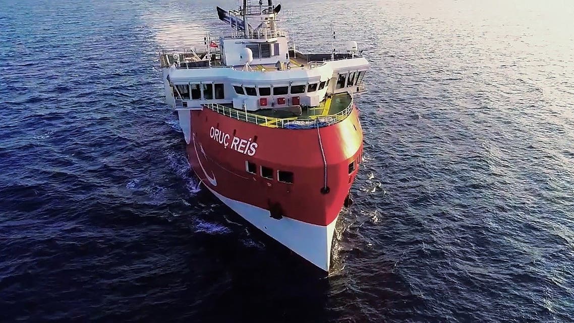 This handout photograph released on August 12, 2020, shows Turkish seismic research vessel ‘Oruc Reis’ heading in the west of Antalya on the Mediterranean Sea. (Turkish Defense Ministry /AFP)