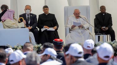 Pope Francis speaks during an inter-religious prayer at the ancient archeological site of Ur, traditionally believed to be the birthplace of Abraham, in Ur near Nassiriya, Iraq March 6, 2021. (Reuters)