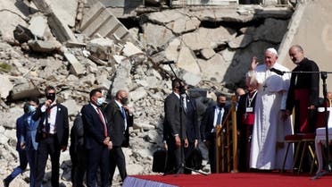 Pope Francis arrives to pray for war victims at 'Hosh al-Bieaa', Church Square, in Mosul's old city, Iraq, March 7, 2021. (Reuters)