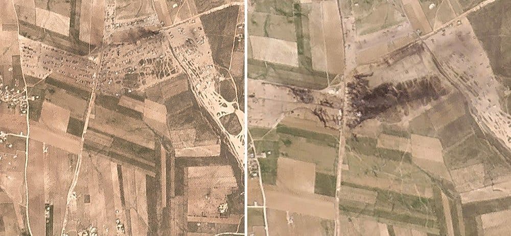 This combination made from two satellite images from Planet Labs Inc. shows the before and after, left, March 3, 2021, right, March 6, 2021 , of the aftermath of a fire following a suspected Russian missile strike early Saturday, March 6, 2021, on an oil-loading facility just northwest of the city of Manbij, Syria. (Planet Labs Inc. via AP)