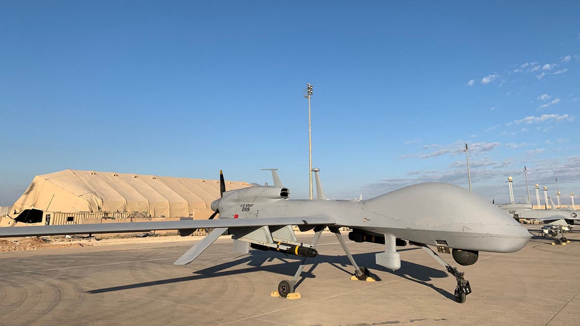 A picture taken on January 13, 2020, during a press tour organised by the US-led coalition fighting the remnants of the Islamic State group, shows US army drones at the Ain al-Asad airbase in the western Iraqi province of Anbar. Iran last week launched a wave of missiles at the sprawling Ain al-Asad airbase in western Iraq and a base in Arbil, capital of Iraq's autonomous Kurdish region, both hosting US and other foreign troops, in an operation it dubbed a response to the killing of Qasem Soleimani, the head of the Guards' Quds Force, in a January 3 US drone strike near Baghdad's airport.