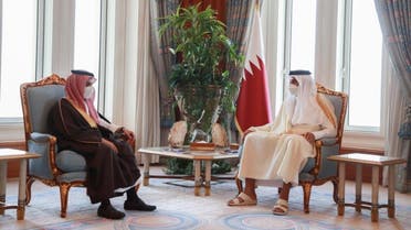 Saudi FM Prince Faisal bin Farhan and Qatar’s Emir Sheikh Tamim bin Hamad al-Thani in Doha, Qatar, March 8, 2021. (Via @KSAMOFA Twitter)