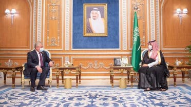 Saudi Crown Prince Mohammed bin Salman (R) and Russian special envoy for the Syrian settlement Alexander Lavrentiev (L). (SPA)