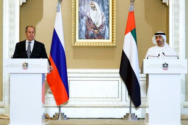 Russian Foreign Minister Sergey Lavrov and UAE's Foreign Affairs Minister Sheikh Abdullah bin Zayed in Abu Dhabi, UAE, March 9, 2021. (AP)