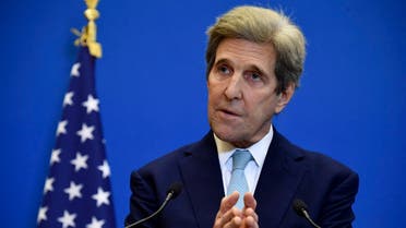 US Special Presidential Envoy for Climate John Kerry at a press conference after a meeting with France’s Economy and Finance Minister at The Ministry of Economy in Paris on March 10, 2021. (Eric Piermont/AFP)