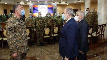 Armenian Prime Minister Nikol Pashinyan meets with top military officers in Yerevan on March 10, 2021. Handout / Armenian Government / AFP