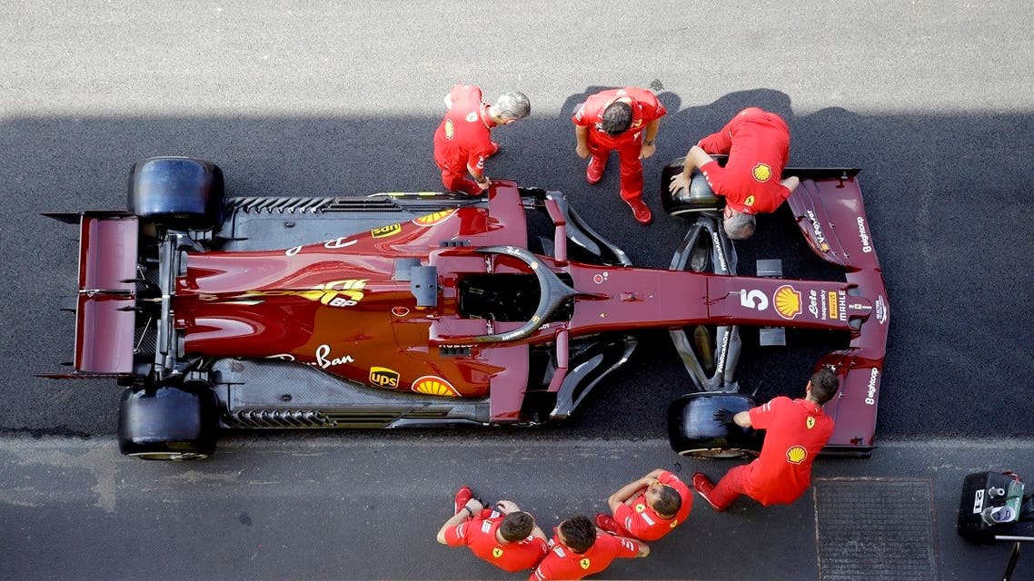 Pit crew wheel the car of Ferrari driver Sebastian Vettel of Germany at the Mugello circuit, in Scarperia, Italy, Thursday, Sept. 10, 2020, ahead of Sunday's Formula One Grand Prix of Tuscany.  (File photo: (AP)