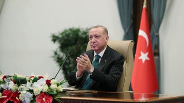 Turkish President Tayyip Erdogan attends a foundation-laying ceremony for the third reactor of the Akkuyu nuclear plant via video link in Ankara, Turkey March 10, 2021. Presidential Press Office/Handout via REUTERS ATTENTION EDITORS - THIS PICTURE WAS PROVIDED BY A THIRD PARTY. NO RESALES. NO ARCHIVE.