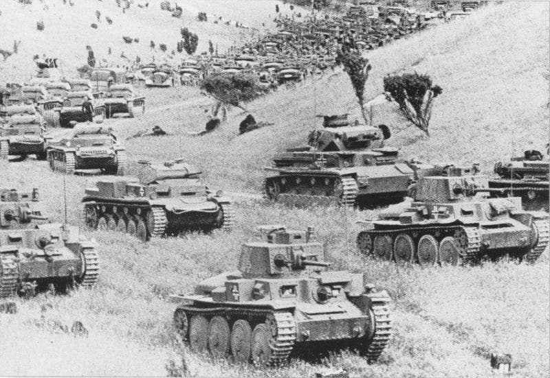 A photograph of a number of German tanks stationed in France in 1940